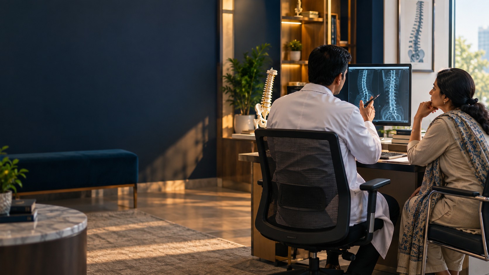 Doctor and patient in a spine-care consultation